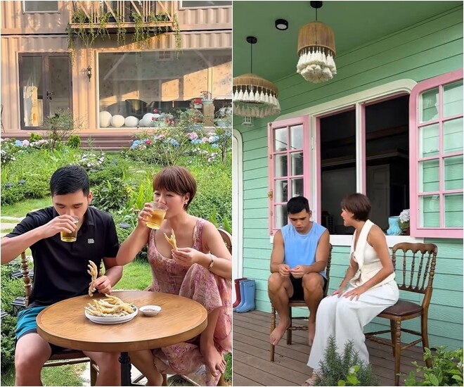 Những giây phút thảnh thơi của hai vợ chồng khi cùng nhau ngồi nhâm nhi đồ uống, ăn chân gà và trò chuyện dưới hiên nhà gỗ ngập tràn gió mát, cảm nhận trọn vẹn hương vị của sự bình yên.