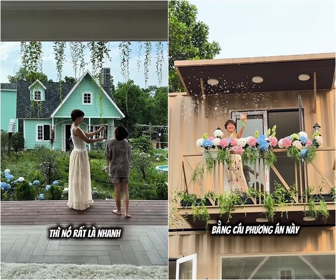 Mẹ con Kim Ngọc cùng nhau vui đùa ngoài hiên nhà gỗ và ban công nhà container ngập tràn sắc hoa. Đây là không gian lý tưởng để cả gia đình gắn kết và tìm lại sự cân bằng.