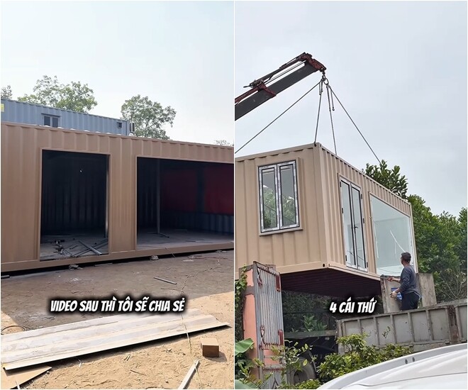 Cận cảnh những bước định hình khung nhà ban đầu bằng các thùng container thô được cẩu ráp cẩn thận. Việc thi công nhà container diễn ra rất nhanh chóng nhưng đòi hỏi sự tính toán kỹ lưỡng về mặt kỹ thuật.