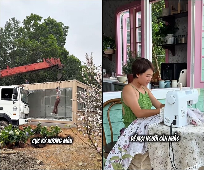 Khoảnh khắc tinh nghịch của Hoàng Kim Ngọc khi đu mình trên móc cẩu tại công trường. Ở một khung hình khác, cô lại vô cùng khéo tay khi tự mình may vá từng tấm rèm, chăm chút cho từng chi tiết nhỏ của căn nhà.