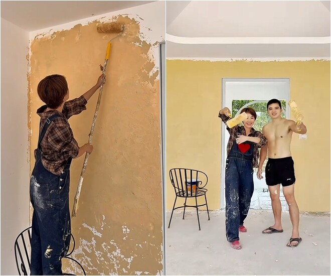 Để tiết kiệm chi phí nhân công (vốn được báo giá lên tới 300.000đ/m² sơn hiệu ứng), hai vợ chồng Hoàng Kim Ngọc đã quyết định tự mua vật liệu về mày mò thi công phòng ngủ.