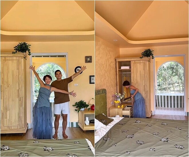 Dưới cái nắng gay gắt 40 độ C của mùa hè miền Bắc, cả hai đã tự tay pha trộn bột bả theo công thức tự chế: 3 cát mịn lọc qua rây, 3 bột bả, 3 nước và 1 phần sơn phủ. Dù lấm lem bùn đất và cực nhọc, thành quả bức tường nhám tông màu ấm áp mang phong cách rustic khiến cô vô cùng mãn nguyện.