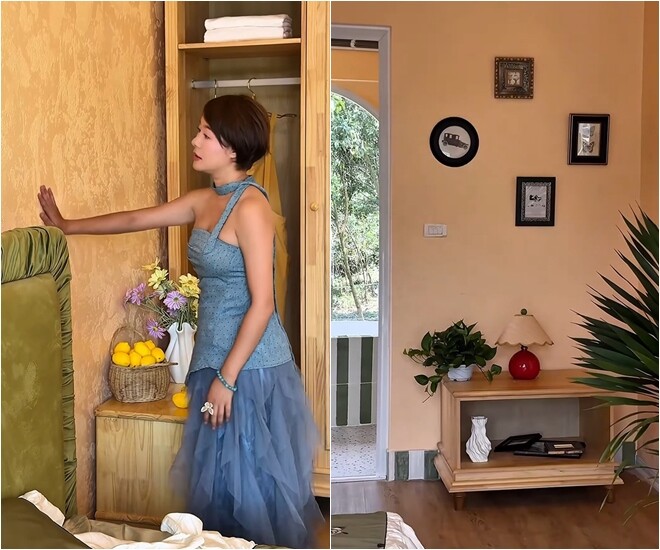 Căn phòng ngủ sau khi hoàn thiện mang tông màu vàng cam chủ đạo kết hợp hoàn hảo với nội thất gỗ mộc mạc. Khung cửa vòm nhìn ra rặng cây xanh mướt phía sau tạo nên một bức tranh thiên nhiên tuyệt mỹ.