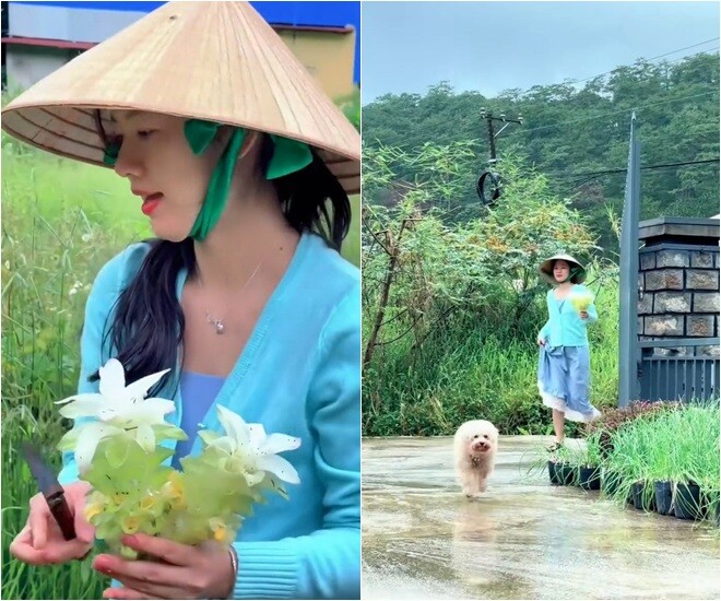 Oanh Kiều đội nón lá ra vườn cắt những bông hoa nghệ trắng tươi rói đem vào nhà chuẩn bị chế biến món ăn. Thành quả thu hoạch tươi ngon sau những ngày tháng tự tay chăm sóc mang lại cho cô cảm giác vô cùng thích thú. Cảnh nữ diễn viên xinh xắn vừa đi vừa tung tăng bên chú cún cưng khiến không gian nhà vườn càng thêm sinh động.