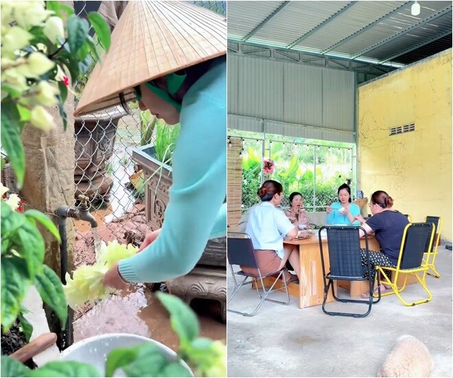 Cô cẩn thận rửa sạch bông nghệ dưới vòi nước trước khi đem nấu bữa cơm ấm cúng cùng người thân. Bữa ăn giản dị với các nguyên liệu cây nhà lá vườn tươi sạch luôn là điều khiến cô trân trọng nhất mỗi khi trở về nhà. Khung cảnh cả gia đình quây quần bên mâm cơm ở hiên nhà mang đến không khí gia đình rộn rã tiếng cười, xua tan mọi mệt mỏi công việc.