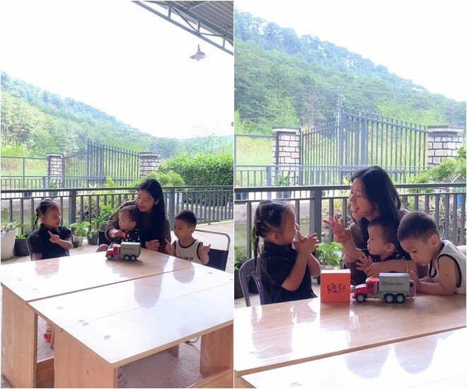 Mới đây nữ diễn viên chia sẻ cảnh cùng các cháu tập hát ca khúc mùa Trung thu bên hiên nhà. Khu nhà nhìn ra đồi thông là nơi sum họp ấm cúng của hơn 10 thành viên trong gia đình nữ diễn viên. Những khoảnh khắc vui đùa cùng các cháu giúp cô cảm nhận trọn vẹn tình thân bình dị.