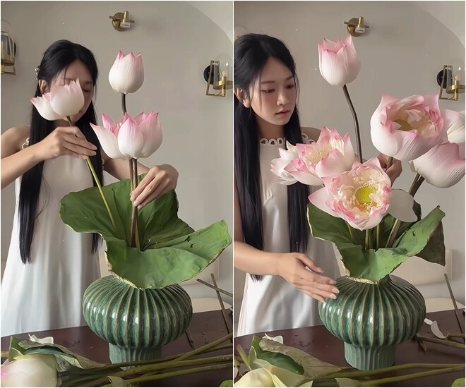 Để bình hoa thêm phần rực rỡ và khoe trọn sắc hương, nữ diễn viên khéo léo dùng tay nhẹ nhàng lật từng lớp cánh sen bên ngoài của các bông ở tầng giữa. Cách trợ nở thủ công này giúp các bông sen bách diệp bung xòe đều đặn, để lộ phần nhụy vàng óng lấp ló bên trong vô cùng hút mắt.