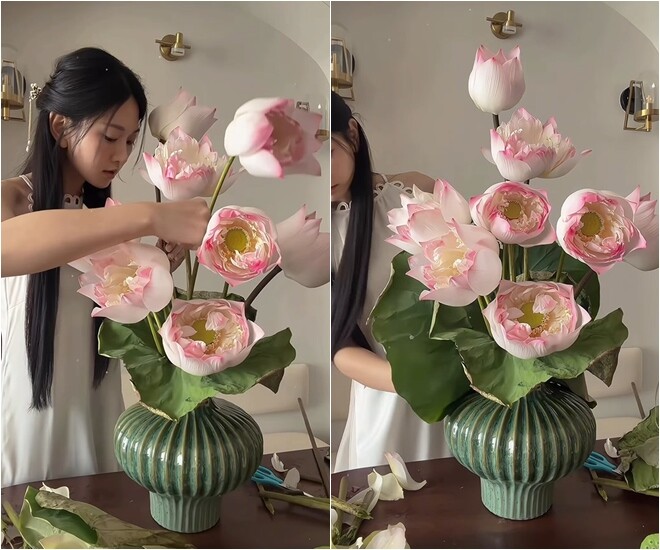 Lê Bống tiếp tục bổ sung các bông sen đã được lật cánh vào những khoảng trống xung quanh, đan xen cao thấp theo nguyên tắc bậc thang. Việc sắp xếp này đòi hỏi sự tỉ mỉ để bình hoa nhìn từ góc độ nào cũng đảm bảo sự đầy đặn, tròn trịa và hài hòa về mặt bố cục thị giác.