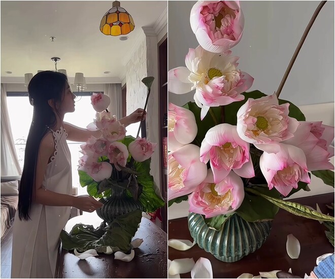 Ở những bước cuối cùng, nữ diễn viên lùi lại phía sau để quan sát toàn diện và điều chỉnh lại hướng của một vài bông hoa chưa ưng ý. Cô khéo léo cắm thêm một chiếc đài sen hướng lên cao ở phía sau, tạo điểm nhấn phá cách mang đậm hơi thở đồng nội và chiều sâu không gian.
