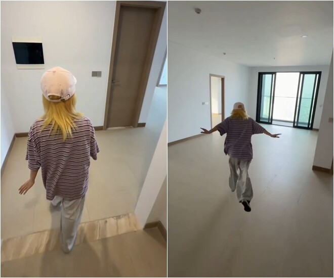 Hậu Hoàng đầy hào hứng khi lần đầu tiên bước vào căn hộ mới nhận bàn giao thô của mình. Dù không gian lúc này mới chỉ có phần khung cửa và sàn cơ bản nhưng nữ YouTuber đã không giấu nổi niềm hạnh phúc lớn lao ở tuổi 31.