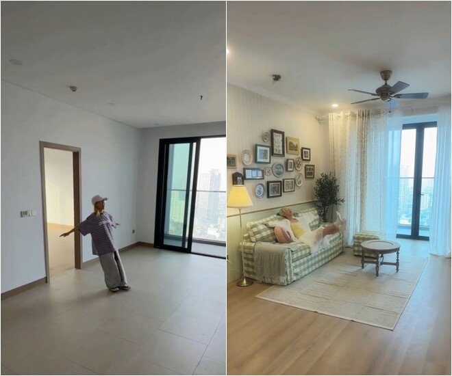 Sự lột xác ngoạn mục của căn phòng khách từ lúc trống trải cho đến khi được lấp đầy bởi nội thất phong cách vintage châu Âu. Bộ sofa họa tiết kẻ caro xanh dịu mắt kết hợp cùng thảm trải sàn, đèn cây trang nhã tạo nên một góc thư giãn vô cùng chữa lành.