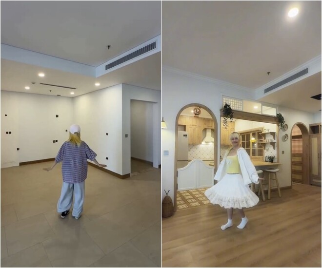 Từ một góc sảnh thô trống trải với hệ thống đường điện còn dở dang, Hậu Hoàng đã biến hóa thành một lối vào nhà bếp và quầy bar cực kỳ ngọt ngào. Chi tiết cửa vòm gỗ mềm mại cùng hệ đèn vàng ấm áp giúp nâng tầm thẩm mỹ cho toàn bộ ngôi nhà.