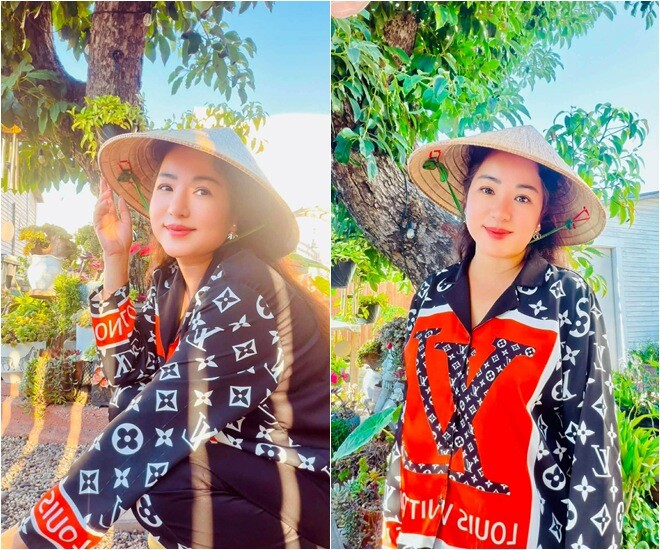 Dù bận rộn với công việc, danh hài Thúy Nga vẫn dành trọn niềm đam mê cho khu vườn cưng. Chiếc áo hiệu trở thành chiếc áo làm vườn, cô đội nón lá đậm chất quê hương khi ra chăm sóc cây trái.