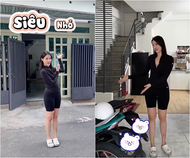 Trương Mỹ Nhân hào hứng giới thiệu không gian tầng trệt của căn nhà mới tậu với diện tích vô cùng khiêm tốn. Lối vào chỉ vừa đủ chỗ để xe máy nên người đẹp quyết định không thiết kế phòng khách như các ngôi nhà thông thường.