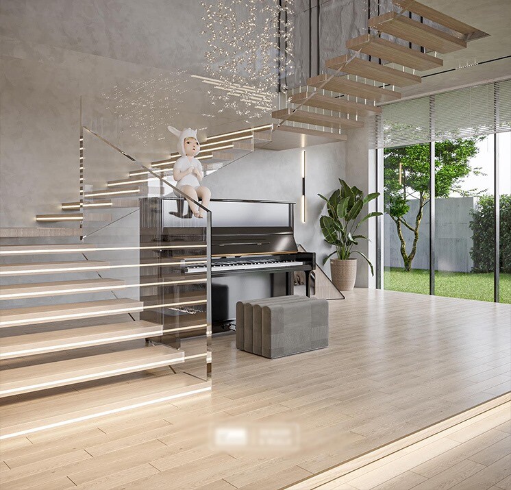 Góc phòng khách gây ấn tượng với thiết kế cầu thang xương cá kết hợp lan can kính trong suốt và hệ đèn LED âm bậc hiện đại. Sự xuất hiện của cây đàn piano đặt cạnh cửa kính lớn hướng ra sân vườn tạo nên điểm nhấn đầy nghệ thuật cho ngôi nhà.