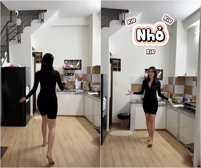 Khu vực bếp nấu nằm ngay bên dưới cầu thang với thiết kế nhỏ nhắn, xinh xắn. Dù diện tích hạn chế, không gian vẫn được thu dọn gọn gàng, đáp ứng nhu cầu nấu nướng đơn giản và nhanh chóng hàng ngày.
