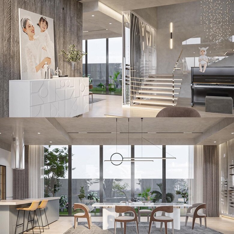 Không gian nội thất bên trong căn biệt thự được thiết kế theo phong cách hiện đại với gam màu trung tính sang trọng. Phòng khách và phòng ăn liền kề sở hữu tầm nhìn rộng mở ra khoảng sân vườn xanh mát.