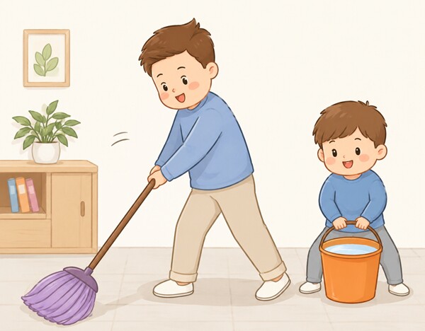 Bố hãy cùng con bắt đầu từ những việc đơn giản như lau bàn, gấp quần áo, tưới cây, sắp xếp đồ chơi hay rửa bát sau bữa ăn...