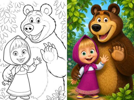 Tranh tô màu "Masha and the Bear" vui nhộn, dễ thương giúp bé phát triển khả năng sáng tạo