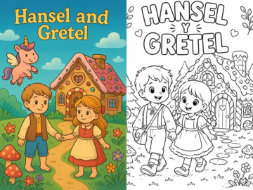 Tranh tô màu Hansel và Gretel, bé theo chân hai anh em vượt qua khu rừng và khám phá thế giới cổ tích đầy màu sắc