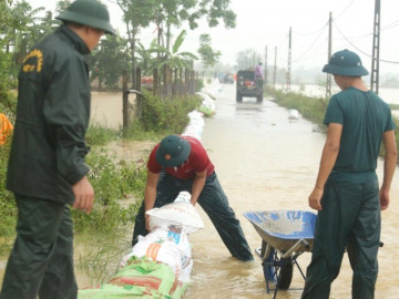Nước sông Bùi ở Hà Nội lên cao, hàng trăm quân với dân đội mưa gia cố đê chống lũ