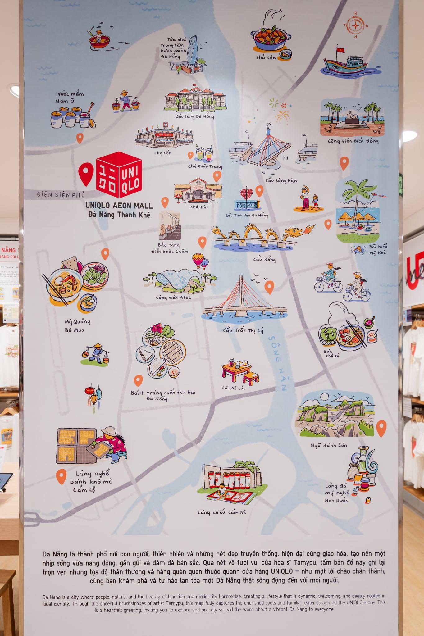 Bản đồ địa phương chính là lời chào thân tình của UNIQLO, giúp kết nối cộng đồng và du khách với nhịp sống muôn màu xung quanh cửa hàng.