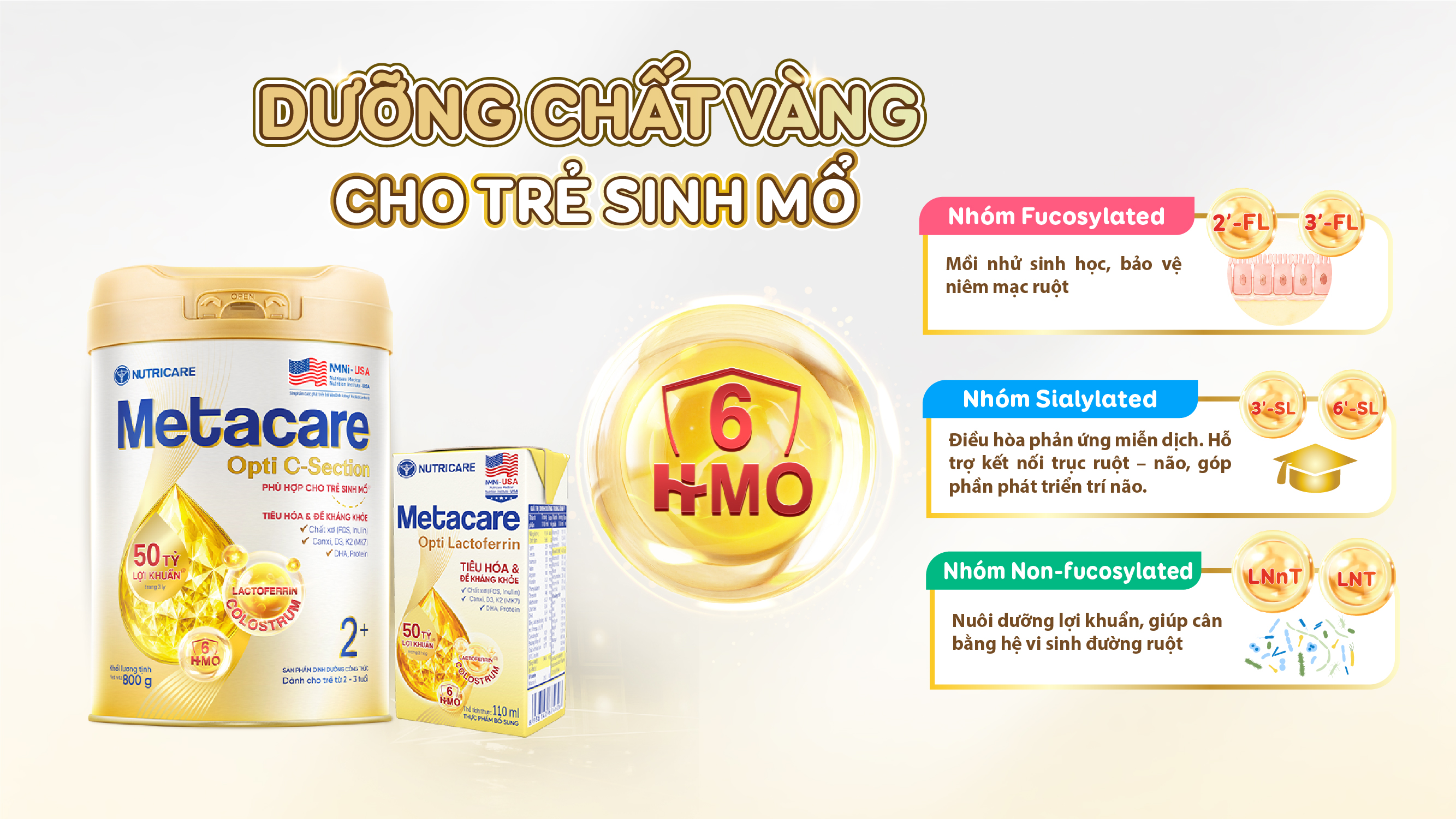 Metacare Opti C-Section 2+ với công thức bổ sung 6HMOs hàm lượng cao, giúp bù đắp những thiếu hụt đầu đời cho trẻ sinh mổ