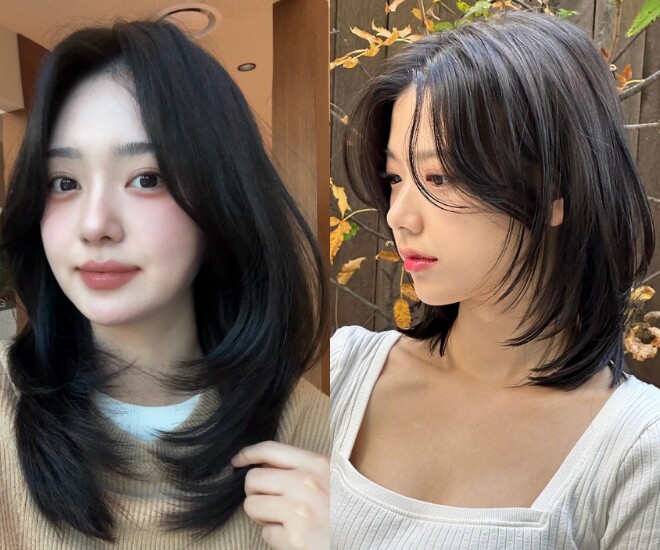 Tóc ngang vai mái bay là lựa chọn quốc dân dành cho gương mặt tròn nhờ khả năng che khuyết điểm hiệu quả. Phần mái ôm nhẹ hai bên giúp khuôn mặt trông thon gọn hơn, đồng thời mang đến vẻ ngoài trẻ trung, nữ tính và đầy cuốn hút.