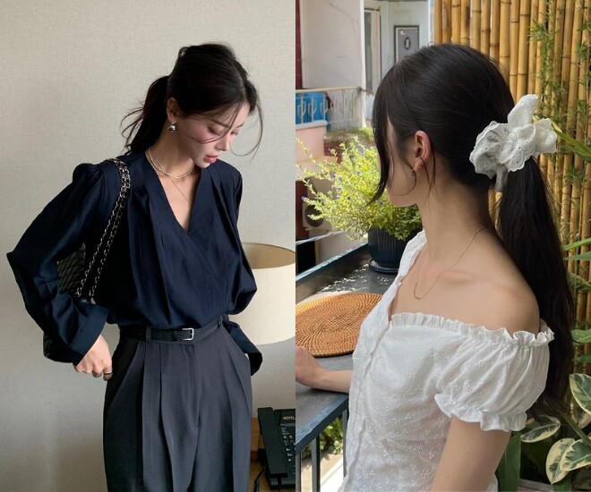 Tóc buộc đuôi ngựa giúp gương mặt sáng và trẻ trung hơn. Buộc cao tạo vẻ năng động, buộc thấp lại thanh lịch. Thả vài lọn tóc quanh mặt sẽ tăng nét mềm mại.