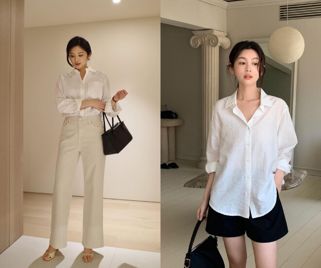Áo sơ mi trắng là lựa chọn kinh điển khi phối cùng quần âu nhờ vẻ ngoài thanh lịch và không bao giờ lỗi mốt. Thiết kế tối giản giúp chị em dễ dàng xây dựng phong cách chỉn chu, chuyên nghiệp nhưng vẫn trẻ trung, phù hợp từ công sở đến những buổi dạo phố cuối tuần.