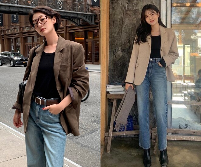 Blazer phối quần jeans giúp phụ nữ U40 tạo vẻ ngoài thanh lịch nhưng vẫn trẻ trung. Chị em có thể mặc cùng áo thun hoặc sơ mi, chọn jeans ống đứng, ống suông. Thêm loafer, sneaker trắng hoặc túi xách nhỏ là hoàn thiện ngay outfit hiện đại, chỉn chu và dễ diện quanh năm.