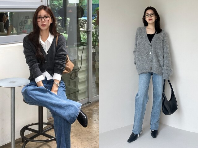 Cardigan kết hợp quần jeans mang đến vẻ ngoài nữ tính, mềm mại nhưng không hề đứng tuổi. Chị em có thể chọn cardigan dáng ôm, màu kem, be hoặc nâu, phối cùng jeans ống đứng. Hoàn thiện bằng giày búp bê, loafer hoặc sneaker trắng là có ngay set đồ trẻ trung, thanh lịch và dễ mặc.