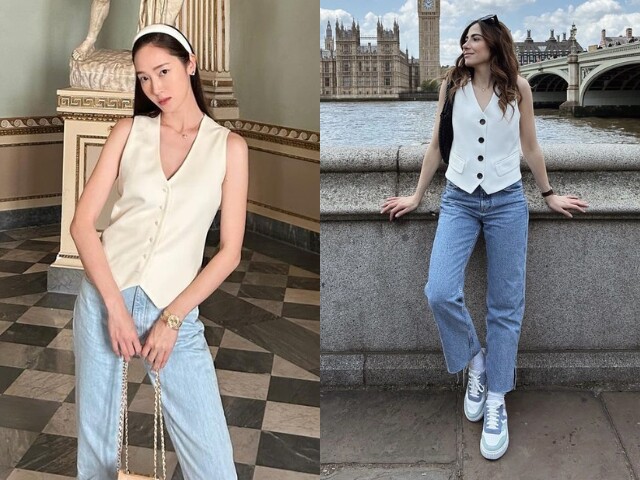 Áo gile vest giúp quần jeans trở nên chỉn chu và thời thượng hơn hẳn. Chị em có thể mặc gile bên ngoài sơ mi hoặc áo thun, chọn jeans ống suông để tạo tổng thể cân đối. Phối cùng loafer hoặc giày búp bê sẽ giúp outfit thêm thanh lịch, hiện đại mà không quá cầu kỳ.