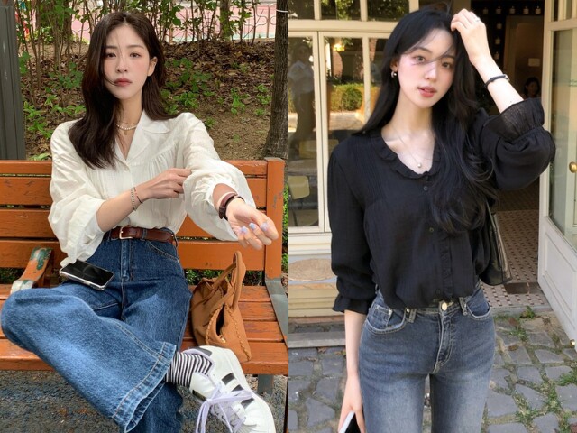 Áo blouse giúp quần jeans trở nên nữ tính và mềm mại hơn. Chị em có thể chọn những thiết kế cổ vuông, tay phồng nhẹ hoặc chất liệu rủ, phối cùng jeans ống đứng. Thêm giày búp bê, loafer và túi xách nhỏ là đủ tạo diện mạo thanh lịch, trẻ trung, phù hợp nhiều hoàn cảnh.