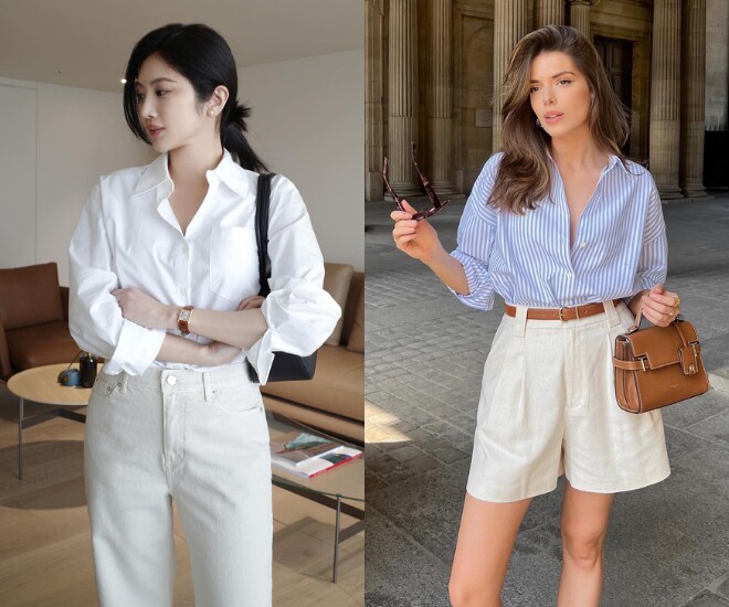 Áo sơ mi oversized tạo khoảng cách với cơ thể, giúp che bắp tay khéo léo mà vẫn giữ vẻ phóng khoáng. Chị em nên chọn phom rộng vừa phải, vai gọn và chất liệu mềm mại để tổng thể thanh thoát.
