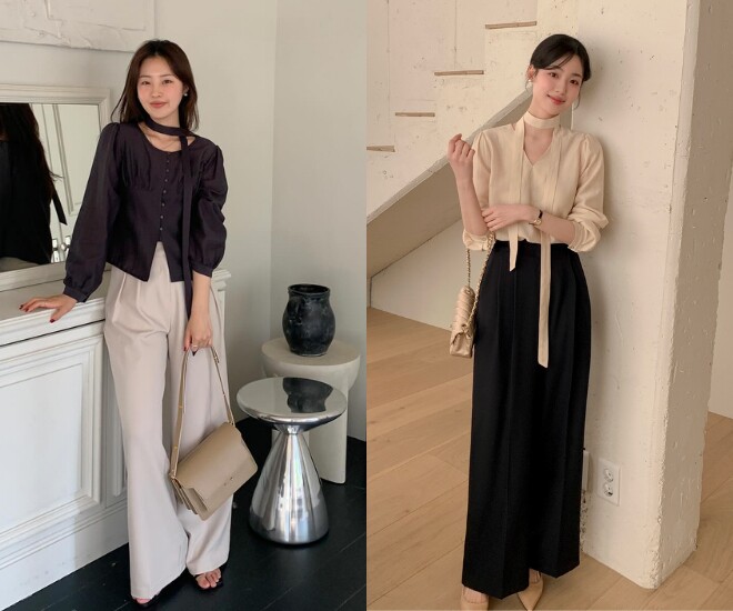 Không cần phối cầu kỳ, chỉ một chiếc áo blouse màu trung tính đi cùng quần âu đã đủ tạo nên vẻ ngoài thanh lịch, tinh tế và phù hợp trong hầu hết môi trường công sở.