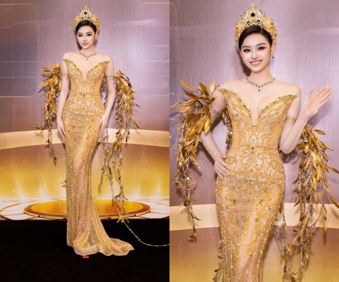 Hoa hậu Yến Nhi thu hút mọi ánh nhìn với nhan sắc rạng rỡ và thần thái tự tin trước thềm khép lại nhiệm kỳ. Người đẹp lựa chọn thiết kế dạ hội ôm sát gam vàng ánh kim, được đính kết cầu kỳ cùng phần tay áo tạo điểm nhấn bằng chi tiết tua rua độc đáo, tôn lên vóc dáng thanh mảnh và khí chất sang trọng. Kết hợp vương miện cùng lối trang điểm sắc sảo, Yến Nhi ghi điểm với vẻ đẹp ngày càng thăng hạng, thể hiện phong thái của một đương kim hoa hậu giàu bản lĩnh.