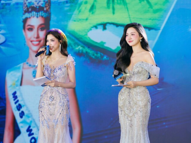 Á hậu Khánh Như và Á hậu Kim Ngọc là MC của họp báo trao sash cho thí sinh Miss World 2026.