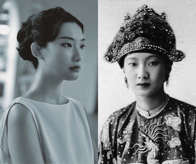 Hình ảnh cô gái casting vai Nam Phương Hoàng hậu (trái) được nhiều khán giả nhận xét có nhiều nét tương đồng về ngoại hình với Nam Phương Hoàng hậu.