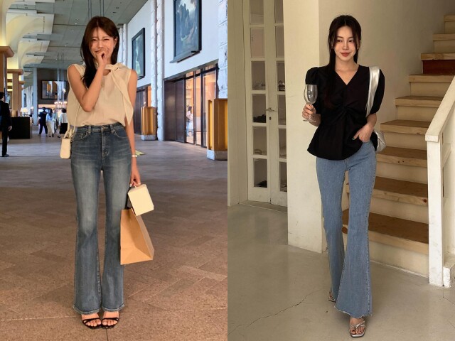 Quần jeans ống loe giúp cân bằng phần hông, đùi và tạo hiệu ứng chân dài đáng kể. Chị em U40 nên ưu tiên thiết kế cạp cao, độ loe vừa phải, kết hợp cùng áo sơ mi, blouse hoặc áo len để tổng thể trẻ trung, thời thượng.