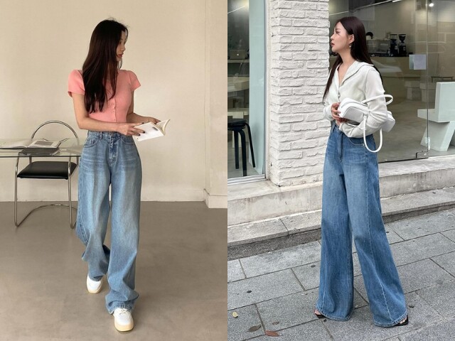 Quần jeans ống rộng vẫn là món đồ không thể thiếu nhờ khả năng tôn dáng và dễ phối. Chị em có thể mặc từ công sở đến dạo phố.