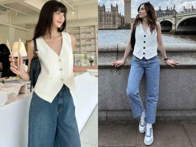 Gile vest đi cùng quần jeans tạo sự cân bằng thú vị giữa nét thanh lịch và trẻ trung. Chị em có thể mặc cùng áo thun hoặc sơ mi trắng, chọn jeans ống đứng hoặc ống suông. Thêm loafer hay sneaker là có ngay outfit hiện đại, không bị già.