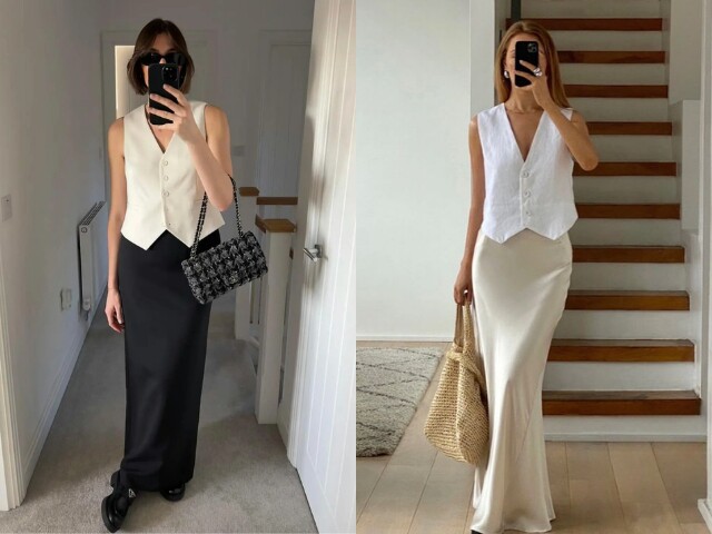 Gile vest vốn có phom đứng khi kết hợp cùng chân váy lụa dài mềm mại sẽ tạo nên tổng thể cực kỳ sang. Sự tương phản giữa hai chất liệu giúp outfit có chiều sâu, nữ tính mà không điệu. Chị em chỉ cần thêm cao gót và túi nhỏ là đủ.