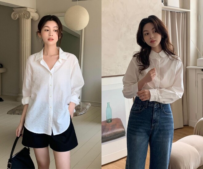 Sơ mi trắng luôn là món đồ quốc dân của phụ nữ Hàn. Thiết kế tối giản, thanh lịch, dễ phối cùng mọi kiểu quần, chân váy và chưa bao giờ lỗi mốt.