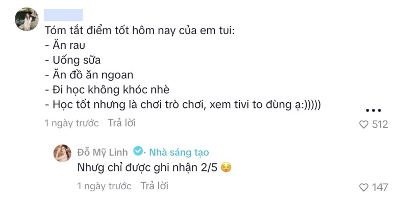 Nàng hậu hài hước cho biết ghi nhận 2/5 điểm tốt con gái làm được, dù cô bé liệt kê rất nhiều.