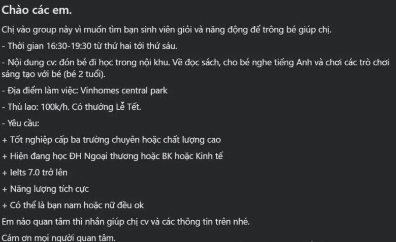 Bài đăng tuyển dụng của một mẹ bỉm gây chú ý.
