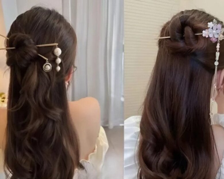Phái đẹp có thể chọn trâm cài tóc nhỏ phía sau để tạo điểm nhấn duyên dáng cho phần tóc được cố định gọn gàng. Phụ kiện này cũng giúp diện mạo thêm nổi bật khi xuống phố trong không khí Trung thu.