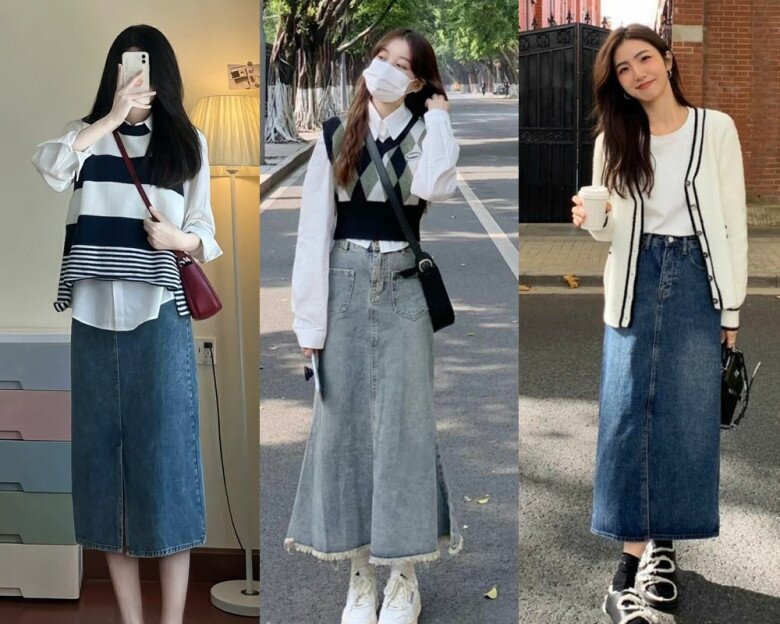 Chân váy denim vừa giúp nàng giữ được vẻ nữ tính vừa tạo nên nét cá tính, năng động.