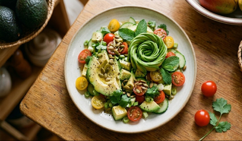 Salad bơ kết hợp cà chua cung cấp vitamin E, lycopene và chất béo lành mạnh có lợi cho sức khỏe làn da.