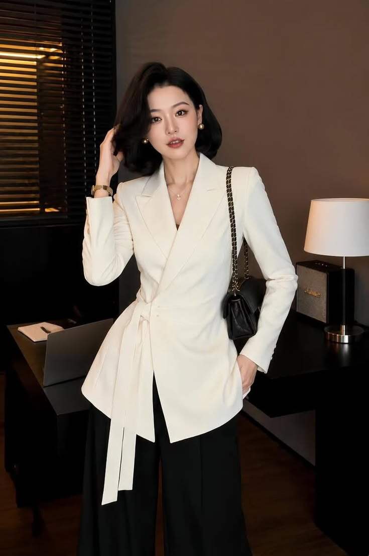 Blazer nhấn eo kết hợp quần âu cạp cao là công thức giúp định hình vòng eo và kéo dài tỷ lệ cơ thể.